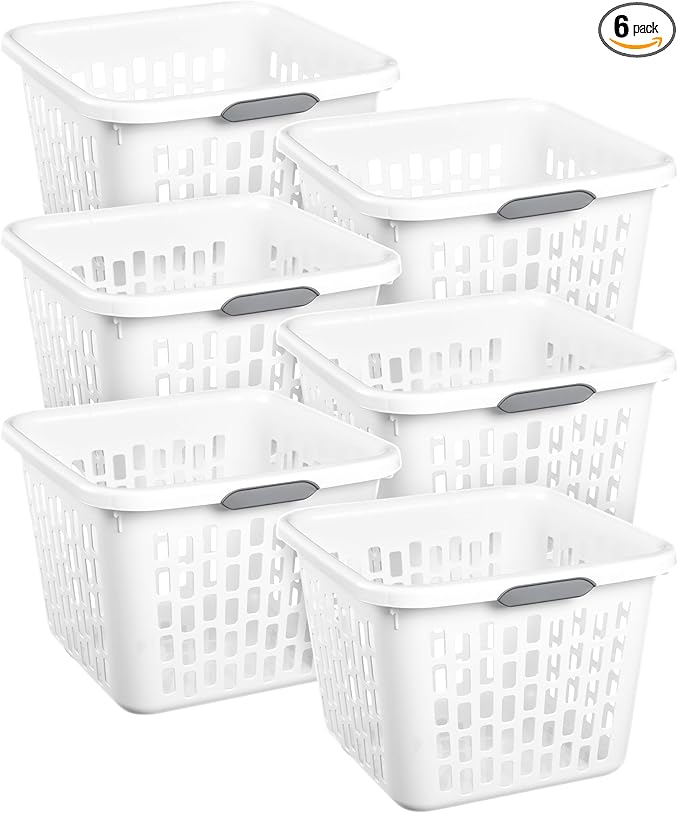 Sterilite 6-Pack 1.5 Bushel Capacity Square Laundry Basket, White – Plastic Clothes Hamper Storage with Ventilated Rectangular Holes & Large Comfort Grip Handles for Easy Carry