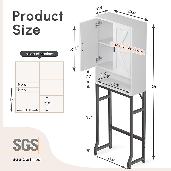 USHOWER Over The Toilet Storage Cabinet, Bathroom Organizers and Storage with Barn Doors, Thicken Metal Stand & MDF Wood Above Toilet Storage Cabinet, Freestanding Space Saver, White