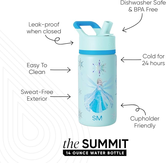 Simple Modern Disney Frozen Elsa Kids Water Bottle with Straw Lid| Reusable Insulated Stainless Steel Cup for Girls School | Summit Collection | 14oz, Iridescent Elsa