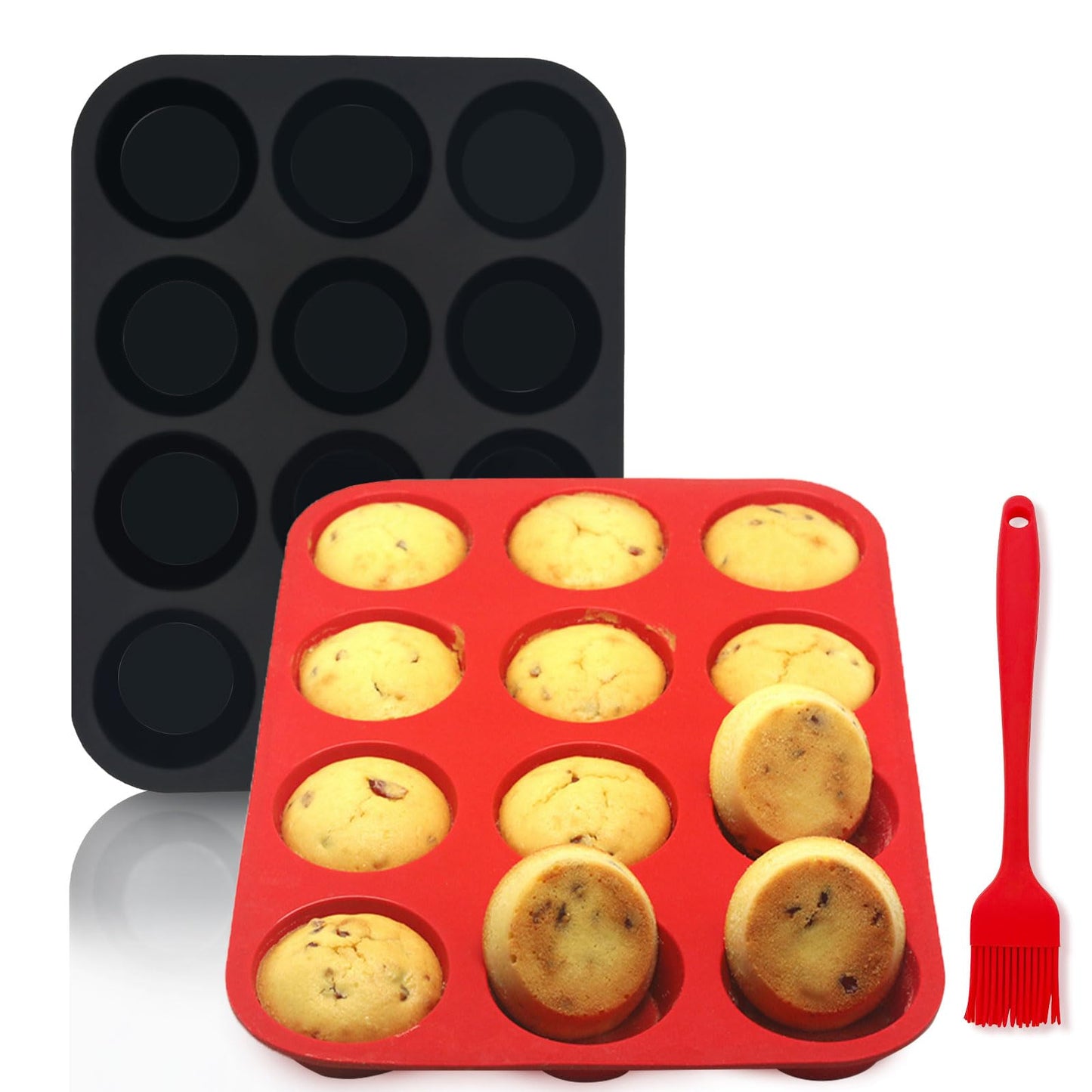 Bongpuda Silicone Muffin Pan with Metal Reinforced Frame,2 Pcs 2.9" Regular Size 12 Cups Egg Bite Mold,Non-Stick,Easy Release,For Egg Muffins, Cupcakes, Large Muffins,Cheesecakes(Orange + Red)