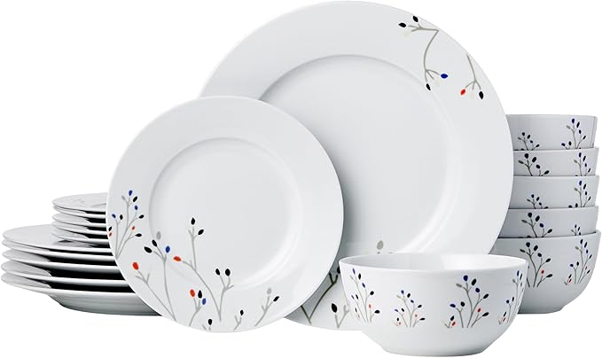 18-Piece Complete Kitchen Dinnerware Set, Microwave and Dishwasher Safe, Plates, Dishes, Bowls, Service for 6, Branches