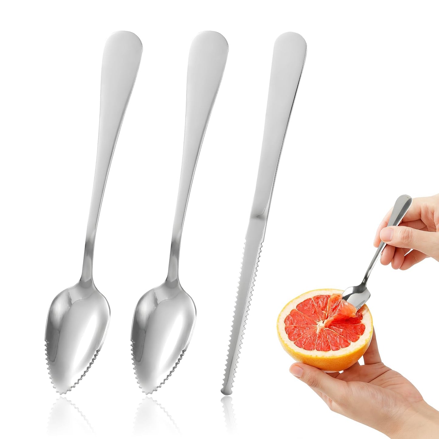 Grapefruit Spoon & Knife Set,Stainless Steel Grapefruit Spoon Utensil With Serrated Edge,Silver Kitchen Tool,Multi-Use for Citrus, Kiwi,Dessert, Avocado & More (3 PCS)