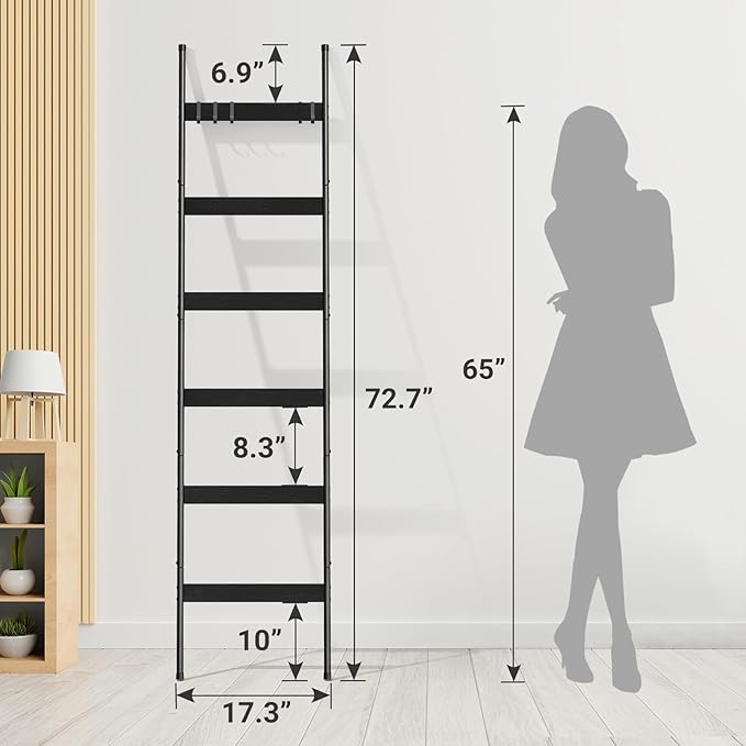 ELYKEN Blanket Ladder for Living Room, Farmhouse 6-Tier Quilt Holder with 4 Removable Hooks for Bathroom, Wood Towel Rack Display, Wall Anchor Leaning Decorative Stand for Home, Black