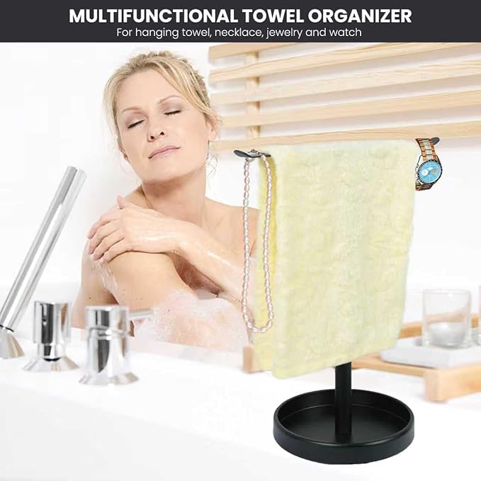 Hand Towel Holder Stand for Bathroom with Storage Tray, SUS304 Stainless Steel T-Shape Towel Bar Rack Stand for Bathroom Kitchen Vanity Countertop, Matte Black