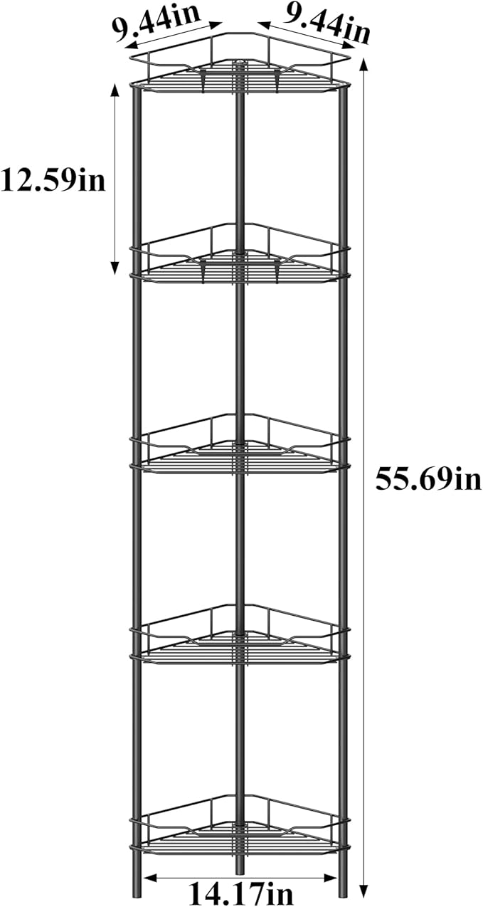 5 Tier Floor Standing Corner Shower Caddy Organizer Shelf with Hooks, Bathroom Shelves Stand Rack, Matt Black
