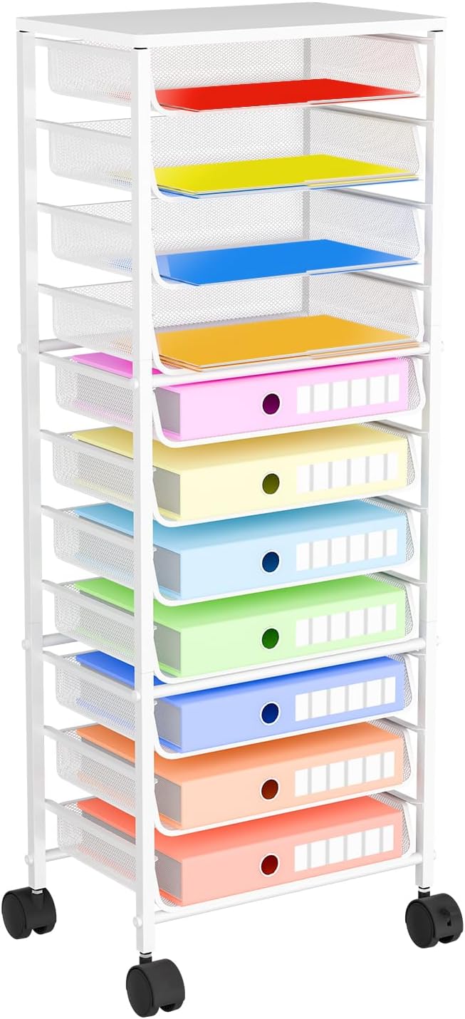 Simple Trending 12 Tier Rolling File Cart,Wood Desk File Organizer with Sliding Trays and Wetal Mesh Paper Letter Storage Multi-Functional Rolling Clutter Cart for Office, Home, School,White