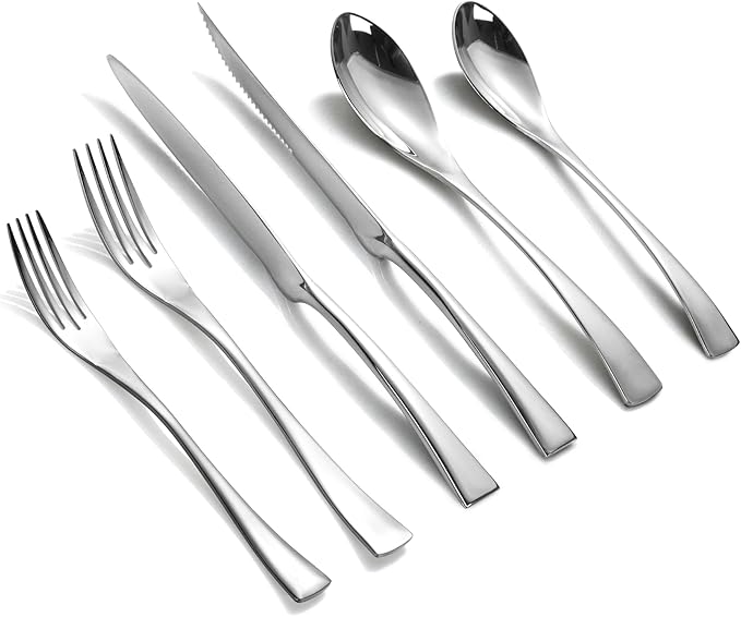 Lemeya 24-Pieces Black Silverware Set with Steak Knives,Heavy Duty 18/10 Stainless Steel Flatware Set for 4,Modern Cutlery with Forged Stand Knives,Mirror Polished,Dishwasher Safe