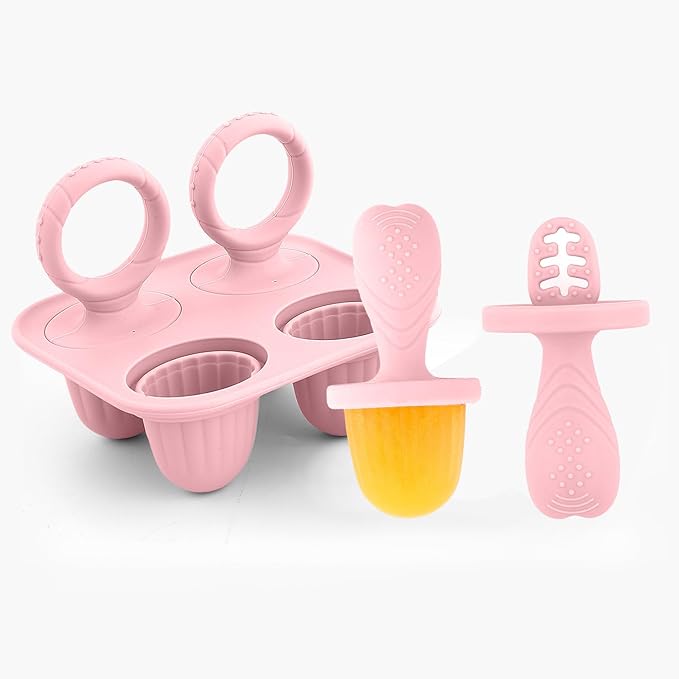 Silicone Baby Ice Pop Molds with Easy-Grip Handles, 4-Cavity Frozen Food Feeder Tray for Toddlers, Mini Popsicle Maker for Feeding Stage, Fruit Puree & Breast Milk Snacks(Light Pink)
