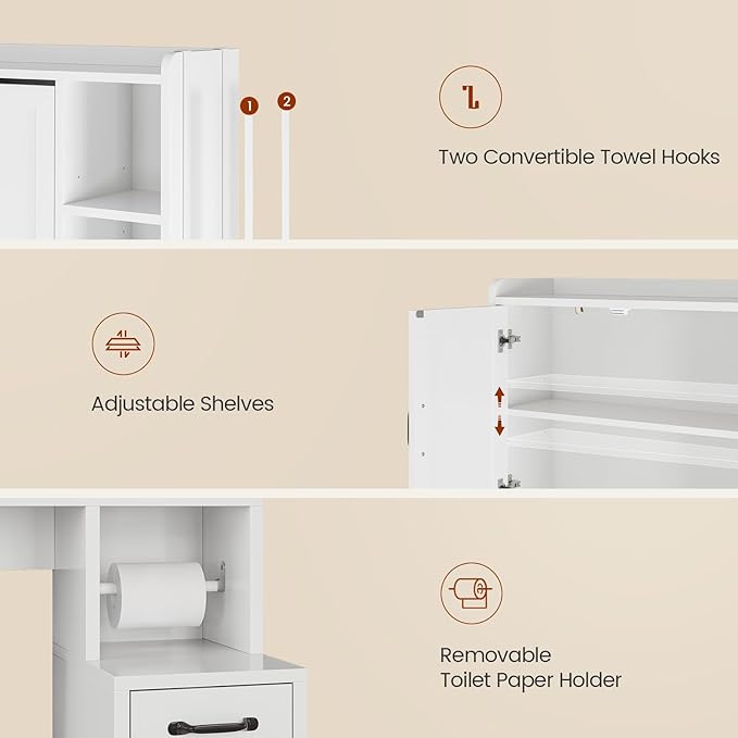 Over The Toilet Storage Cabinet with Pulley Small Bathroom Storage Cabinet, Space Saver W/Adjustable Shelf & Towel Rack for Bathroom, Restroom, Laundry (White-Type B)