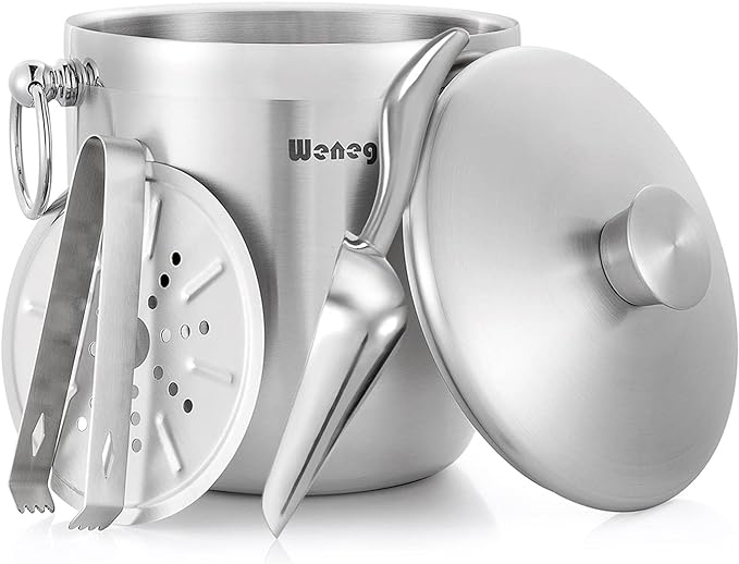 Ice Bucket with Lid, Scoop, Tongs and Strainer - Well Made Insulated Stainless Steel Keep Ice Frozen Longer - Ideal for Cocktail Bar, Parties, Chilling Wine, Champagne - 3 Liter (Stainless Steel)