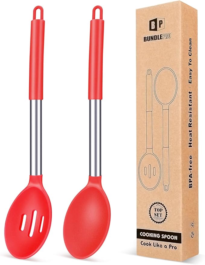 BUNDLEPRO Silicone Cooking Spoons for Nonstick Cookware, 2 Pack, KHAKI