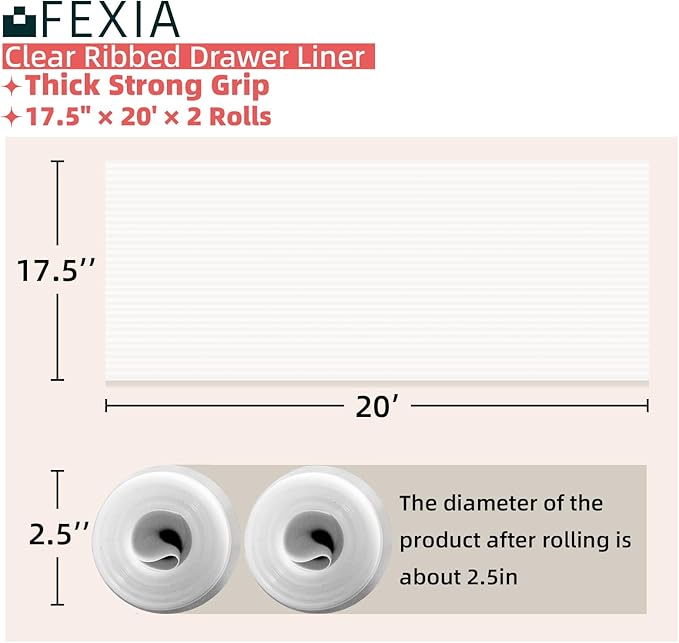 FEXIA Shelf Liners for Kitchen Cabinets Non-Slip Drawer Liner 17.5 Inches x 20 FT Waterproof & Oil-Proof Non Adhesive Durable Material Fridge Liner for Shelves (2 Rolls)