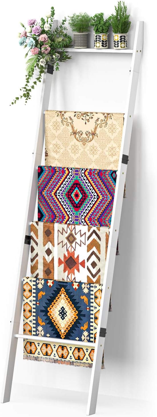 BAMBANG 6-Tier Blanket Ladder for Living Room, Blanket Quilt Ladder Rack Rustic Decorative Towel Holder, Wall Leaning Blanket Ladder Shelf Storage Farmhouse Decor for Bedroom Bathroom, White