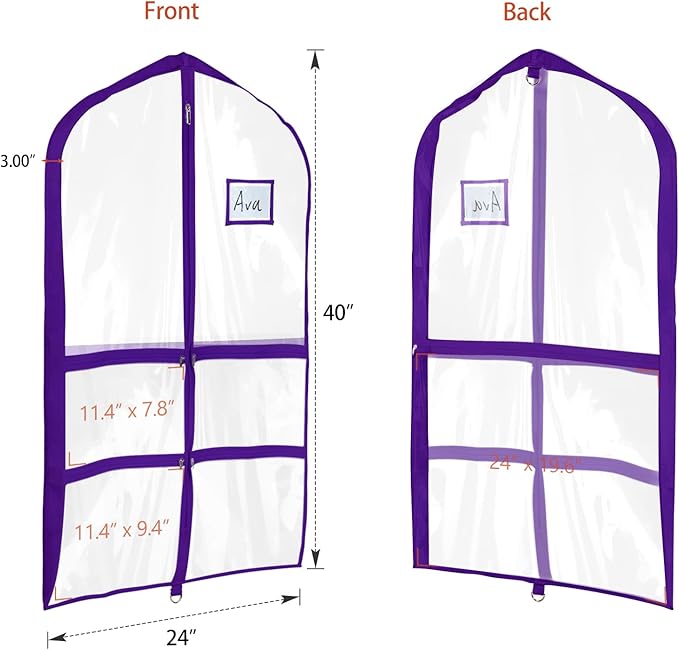 Univivi PVC Dance Costume Bags (3 Pack) Garment Bag 40 Inch for Dance Competitions, with 4 Medium Clear Zipper Pockets and 1 Large Back Zippered Pocket - Clear Purple