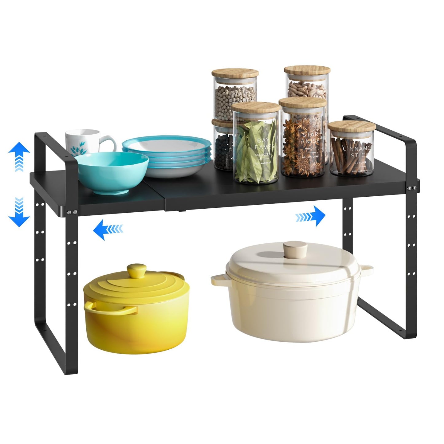 KIKIBRO Expandable Cabinet Shelf Organizer, Stackable Kitchen Pantry Counter Storage, Adjustable Closet Cupboard Stand Rack Risers Spice Organization 80LBS Heavy Duty Black Large 2 Pack