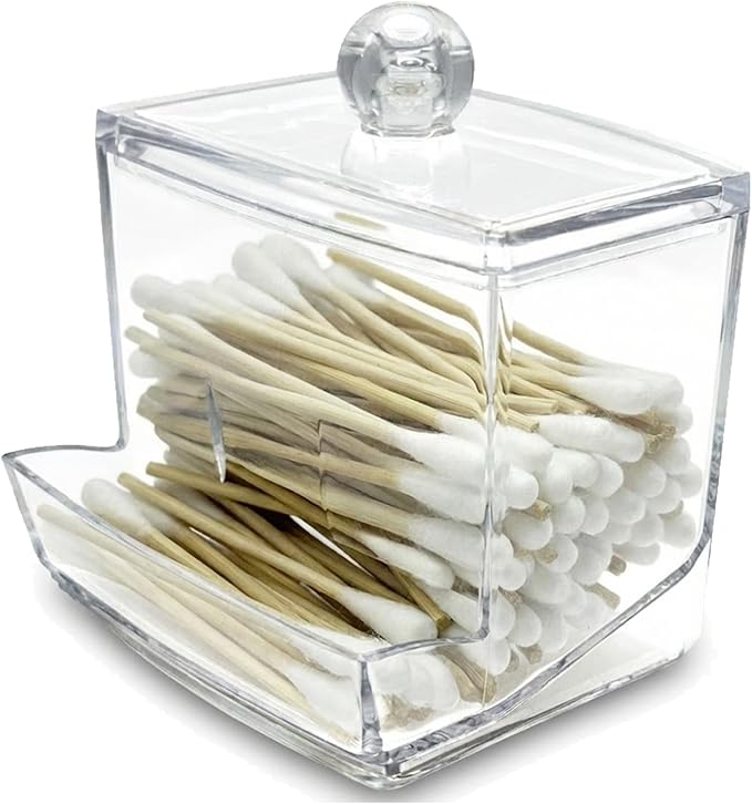 10oz Cotton Swab Dispenser with Lid, Clear Plastic Swab Holder for Bathroom Vanity Countertop Storage, Durable PS Canister with U-Slot for 3 Inch Cotton Buds, Compact Swab Organizer