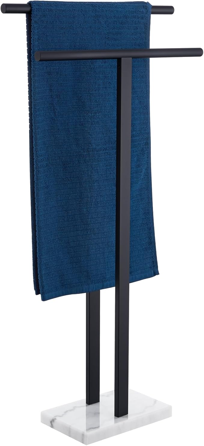 KOKOSIRI Free Standing Towel Racks Matte Black 2-Tier Towel Holder for Bathroom Floor Stand with Heavy Marble Base Thicken Steady Design Stainless Steel THS0005-BK