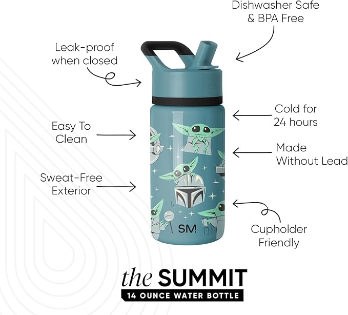 Simple Modern Kids Summit Water Bottle with Straw Lid | Star Wars Baby Yoda Grogu 14oz Stainless Steel Cup Insulated Tumbler for Boys, Girls, School | Grogu Doodle