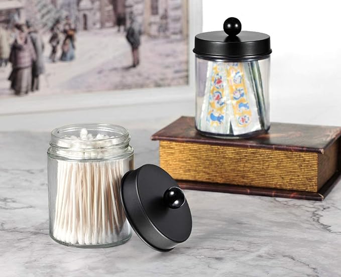 Amolliar Apothecary Jars Bathroom Storage Organizer - Cute Qtip Dispenser Holder Vanity Canister Jar Glass with Lid for Cotton Swabs,Rounds,Bath Salts,Makeup Sponges,Hair Accessories/Black（2 Pack）