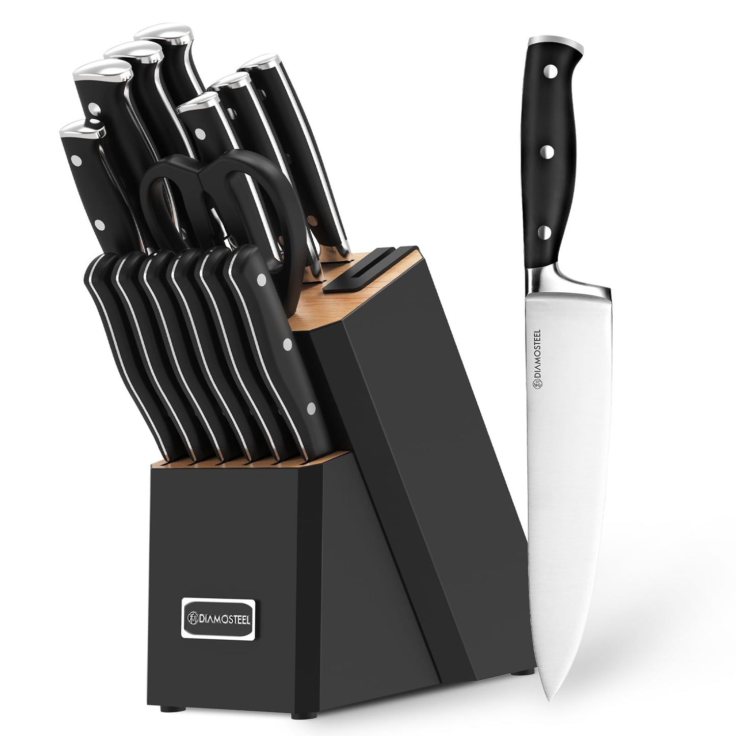 Red Knife Set with Block, 15-Piece Knife Block Set with Built-in Sharpener