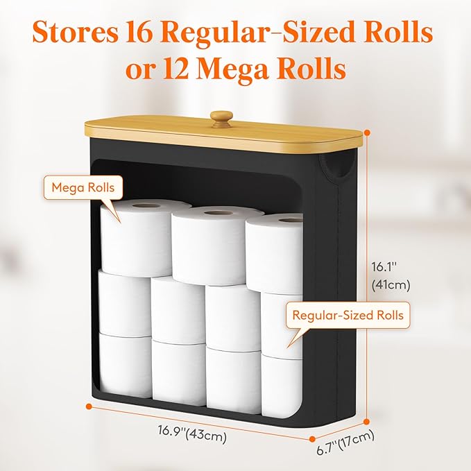 Lifewit Toilet Paper Storage Holder for 12 to 16 Rolls, Free Standing Toilet Paper Basket Stand with Bamboo Lid, Collapsible Fabric Bathroom Organizer Box for Mega Rolls, 30L, Extra Large, Black