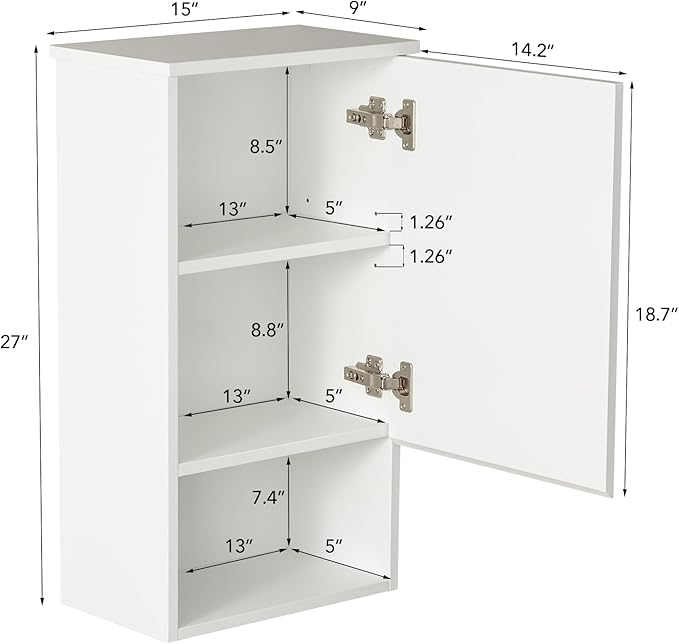 Bathroom Wall Cabinet with Single Door, Soft-Close Hinges, 15x27 inch Wooden Medicine Cabinet for Small Kitchen, Laundry, Entryway, Durable MDF Construction