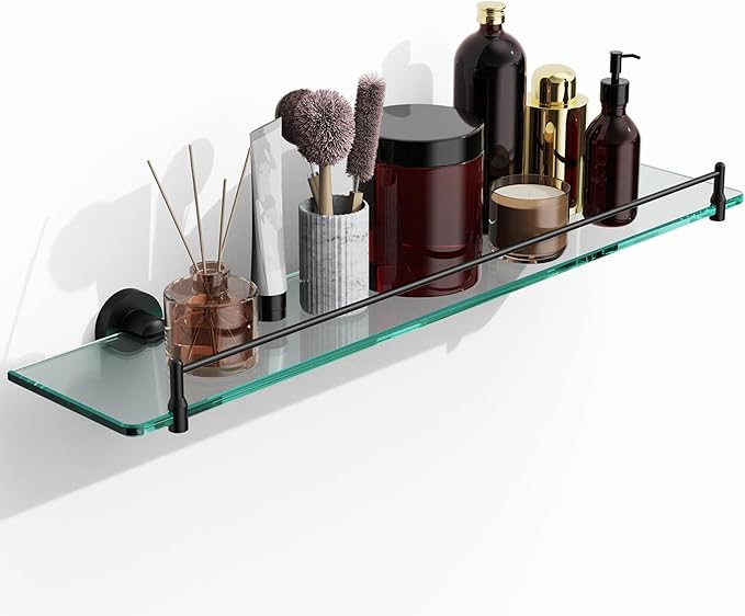 24 Inch Glass Bathroom Shelves,Matte Black Floating Shelves for Wall Rectangular Modern Stainless Steel Glass Shelf for Bathroom Shelves Wall Mounted
