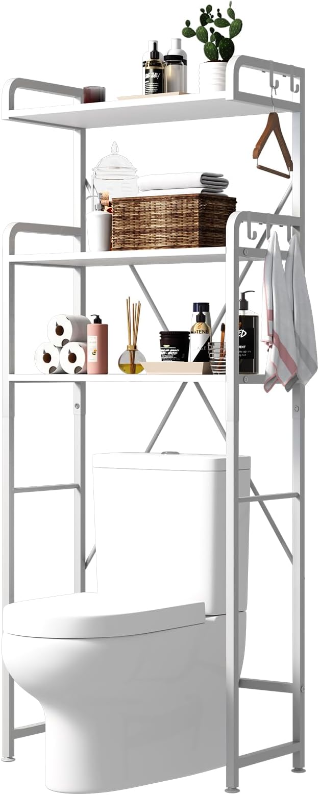 Over The Toilet Storage Rack with 3-Tier Bathroom Shelves, Space Saver Toilet Shelf, Bathroom Storage Organizer with Hooks for Over Toilet Storage and Shelf (White)