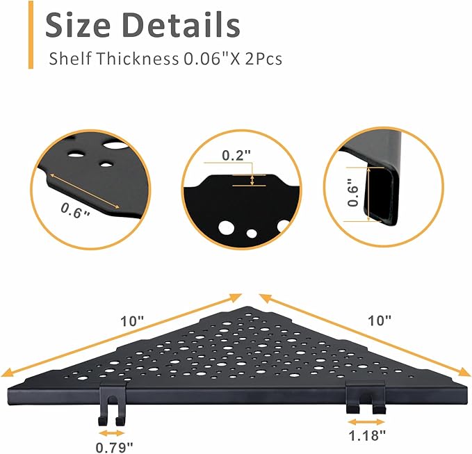 Corner Shower Shelf with 4 Hooks,10 Inch 304 Stainless Steel Recessed Bathroom Shelves,No-Drilling Installation for Tiled Wall,Matte Black, 2-Pack
