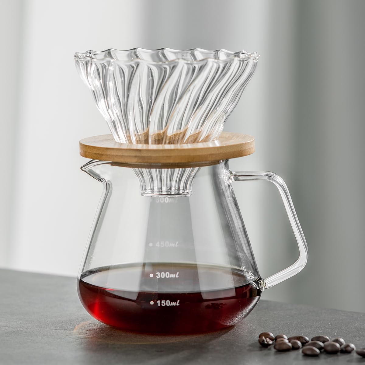 shoxil Pour Over Coffee Maker Set – Drip Coffee Pot with bamboo Handle, Glass Coffee Dripper & 100 Filters, 20oz/600ml Capacity