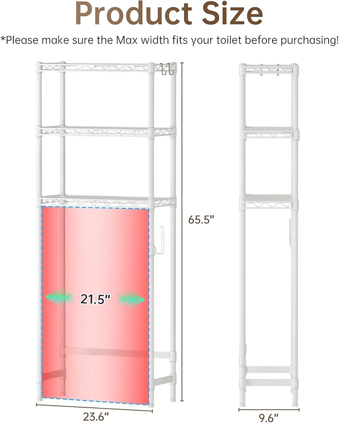 Over The Toilet Shelf,3-Tier Adjustable Freestanding Metal Bathroom Organizer Shelves with Toilet Paper Holder & Hooks,Space-Saving for Narrow Small Bathroom,10”D x 24”W x 66”H,White