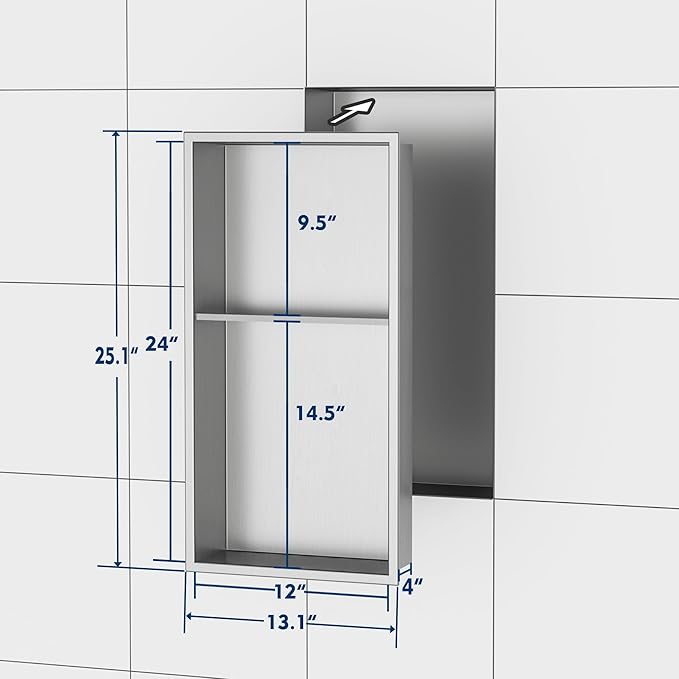 Neodrain No Tile Shower Niche, Brushed Stainless Steel Bathroom Shelf 24" X 12", Two-Tier Stainless Cubby, Bathroom Niche Cubby for Storage, No Tile Needed Recessed