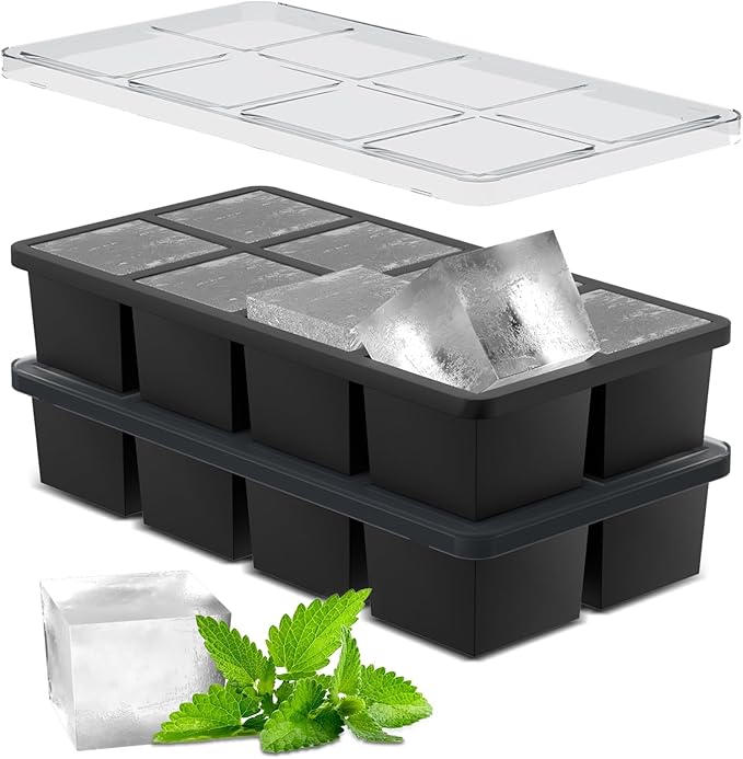 Samuelworld Large Silicone Ice Cube Tray Molds, Big 2 Inch Cubes 3 Pack- Food Grade, Flexible, 8 Cavity Easy Release Slow Melting Ice for Whiskey, Cocktails, Gifts & Christmas - Black (Ice Bag)