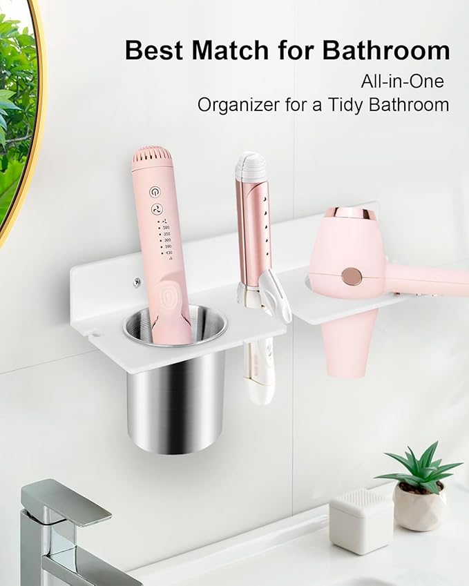 Hair Tool Organizer, Hair Dryer Holder with Heatproof Steel Cups, Acrylic Vanity Organizer for Curling Iron, Flat Iron & Hair Brushes, Perfect for Bathroom (White, Compact)
