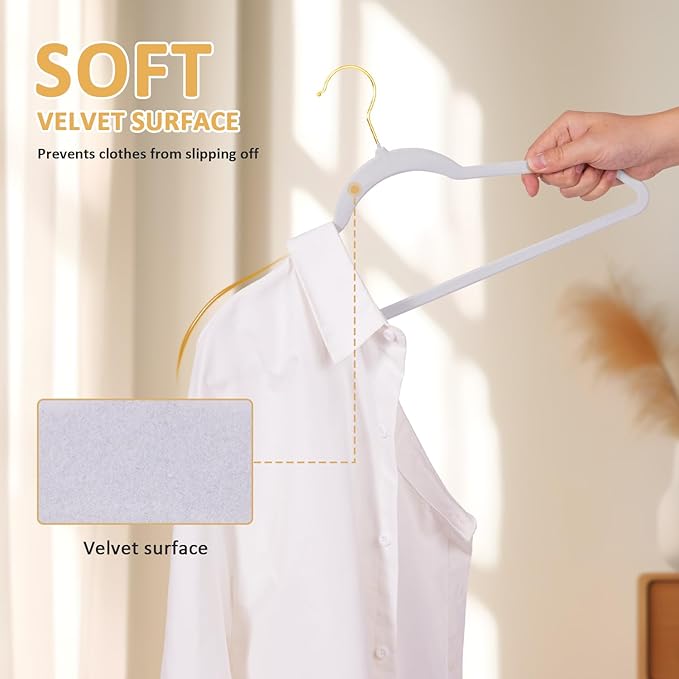 Velvet Hangers, Set of 30 Pack Clothes Hanger with 360° Swivel Gold Hook, Non-Slip, and Space-Saving, 0.2-Inch Thick, 17.7-Inch Long for Suit, Coat, Shirt, Dress, Pants - White