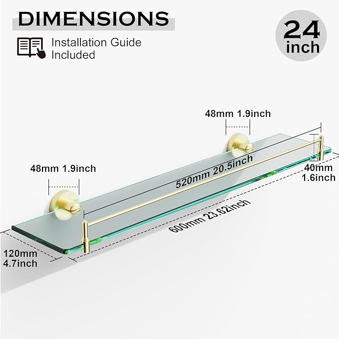 24 Inch Glass Bathroom Shelves,Brushed Gold Floating Shelves for Wall Rectangular Modern Stainless Steel Glass Shelf for Bathroom Shelves Wall Mounted