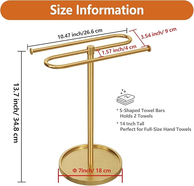 Bathroom Hand Towel Holder Stand Gold, S-Shape Countertop Towel Standing, Stainless Steel Towel Rack Bar Holds 2 Towels for Kitchen