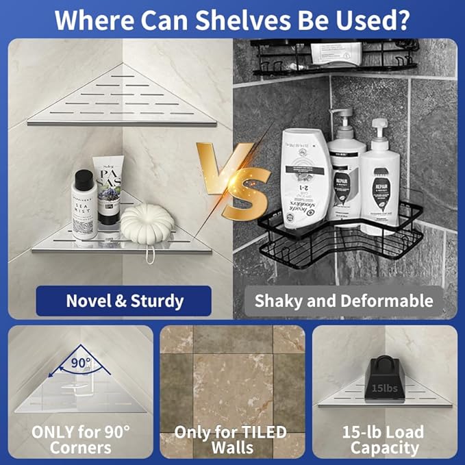 Corner Shower Shelf 10" Polished 304 Stainless Steel Recessed Corner Shelves with Slot Design Bathroom Grout in Shelf for Tiled Wall, 2 Pack