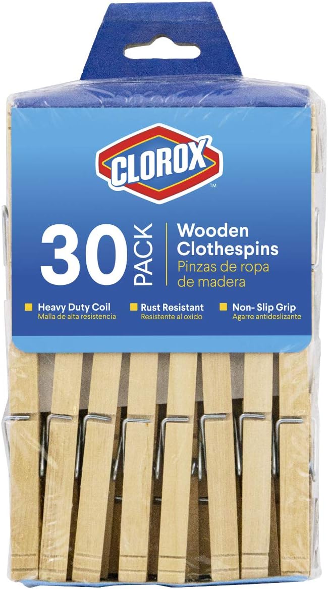 Clorox Wood Clothespins with Spring – Value Pack Set of 30 | Rust Resistant, Heavy-Duty Coil, Non-Slip Grip for Line Drying Laundry, Chip Clips, Crafts