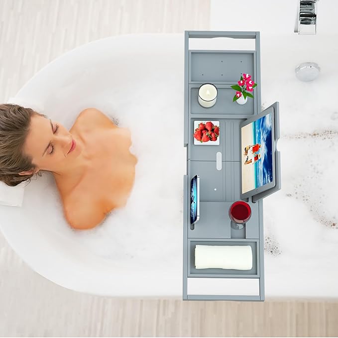 Premium Bathtub Caddy Tray - Bath Tray - Bath Tub Tray Table for Bathtub - Bath Caddy Tray for Bathtub, Expandable Size, Fits Most Bath Tubs - Grey