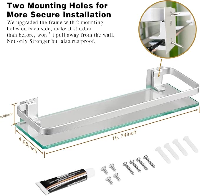VOLPONE Bathroom Wall Shelf 15.7in Bathroom Glass Shelves Wall Mount Glass Shelf Rustproof Bathroom Wall Organizer 3 Tier (Sliver)