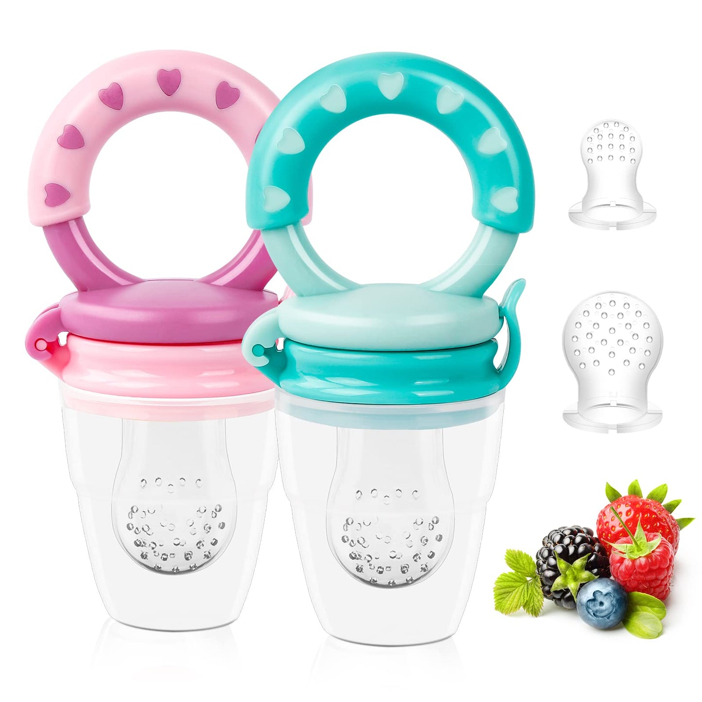 Baby Solids/Frozen Fruit Feeder Pacifier, Infant Teether Toy 4M+, BPA-Free Silicone Pouch & Nipple, Safely Introduce Solids, Teething Relief, 2-Pack (Ring - Purple Mint Green, S/M/L)