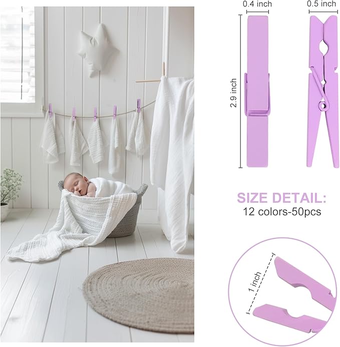 Colored Clothes pins 2.9inch 50PCS Purple, Colorful ClothesPins Wooden Clips for Photos Pictures Decorative Crafts, Decoration clothespins Clothing Hanging clothespins 2.9inch 50PCS (Purple)