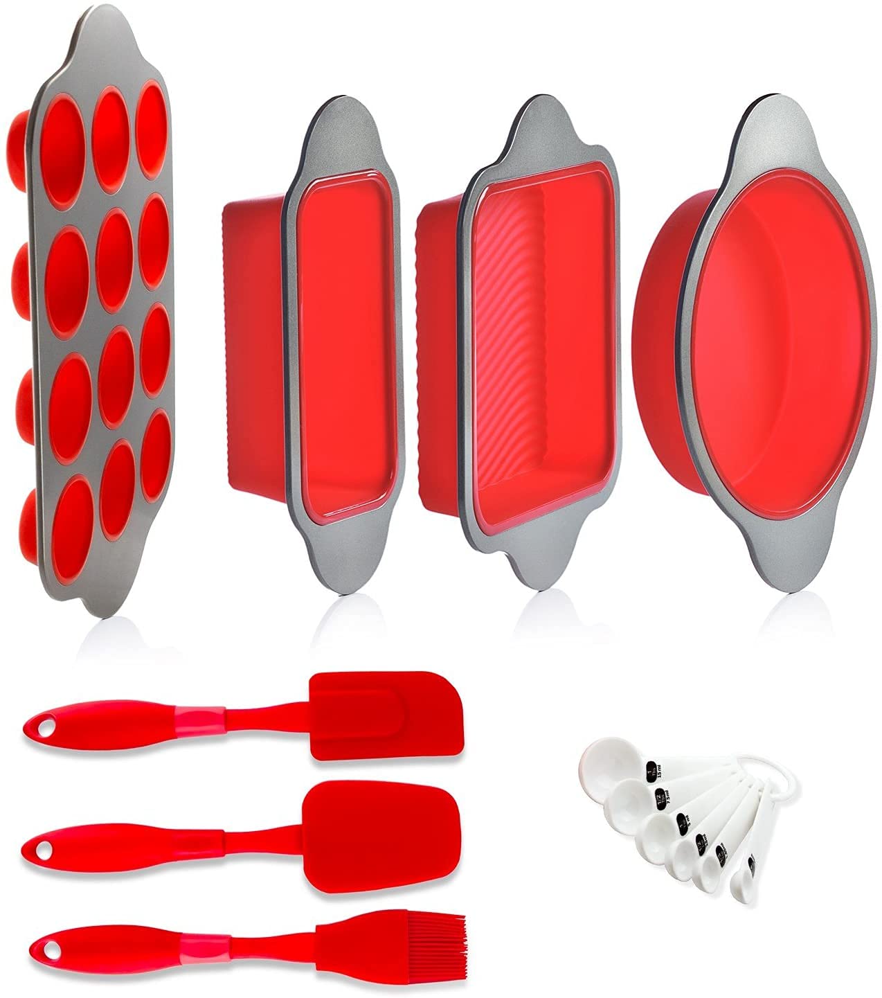 Boxiki Kitchen Silicone Baking Pans Set. 3 PCS Professional Non-Stick Baking Cake Pans Set includes Silicone Round Cake Pan, Square Cake Pan and Bread Loaf Pan.