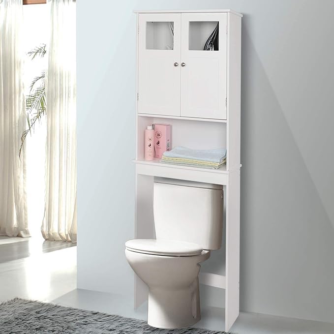 Bonnlo Over The Toilet Storage Cabinet with Adjustable Shelf White Bathroom Floor Organizer Space Saver with Double Doors, 67" Height