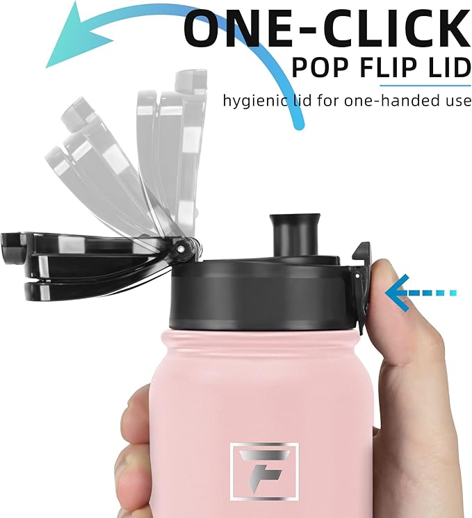 Fanhaw 20 oz Insulated Stainless Steel Water Bottle with Anti-Dust Chug Lid & Carabiner Lid, Leakproof Vacuum Metal Bottle for Kids, Women & Men (Pink)