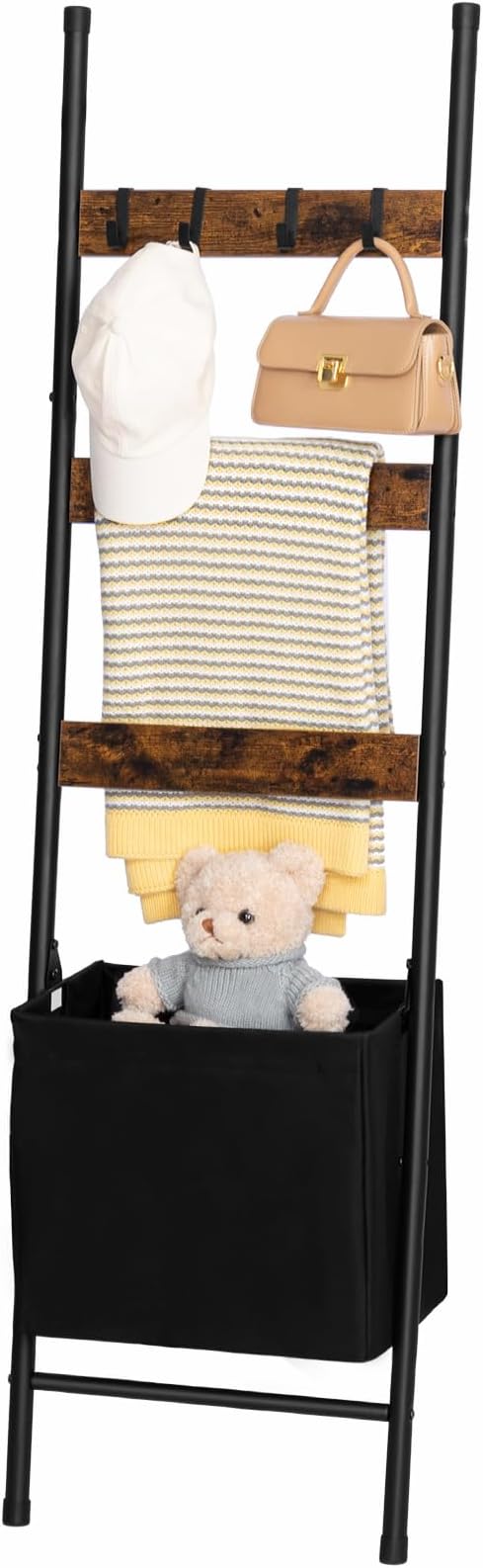 HOOBRO Blanket Ladder with Basket, 17.3”L x 63.4”H, Towel Rack with Hooks, Blanket Holder Rack, Decorative Ladder Shelf, Drying and Display Rack for Bathroom, Living Room, Rustic Brown BF31CJ01