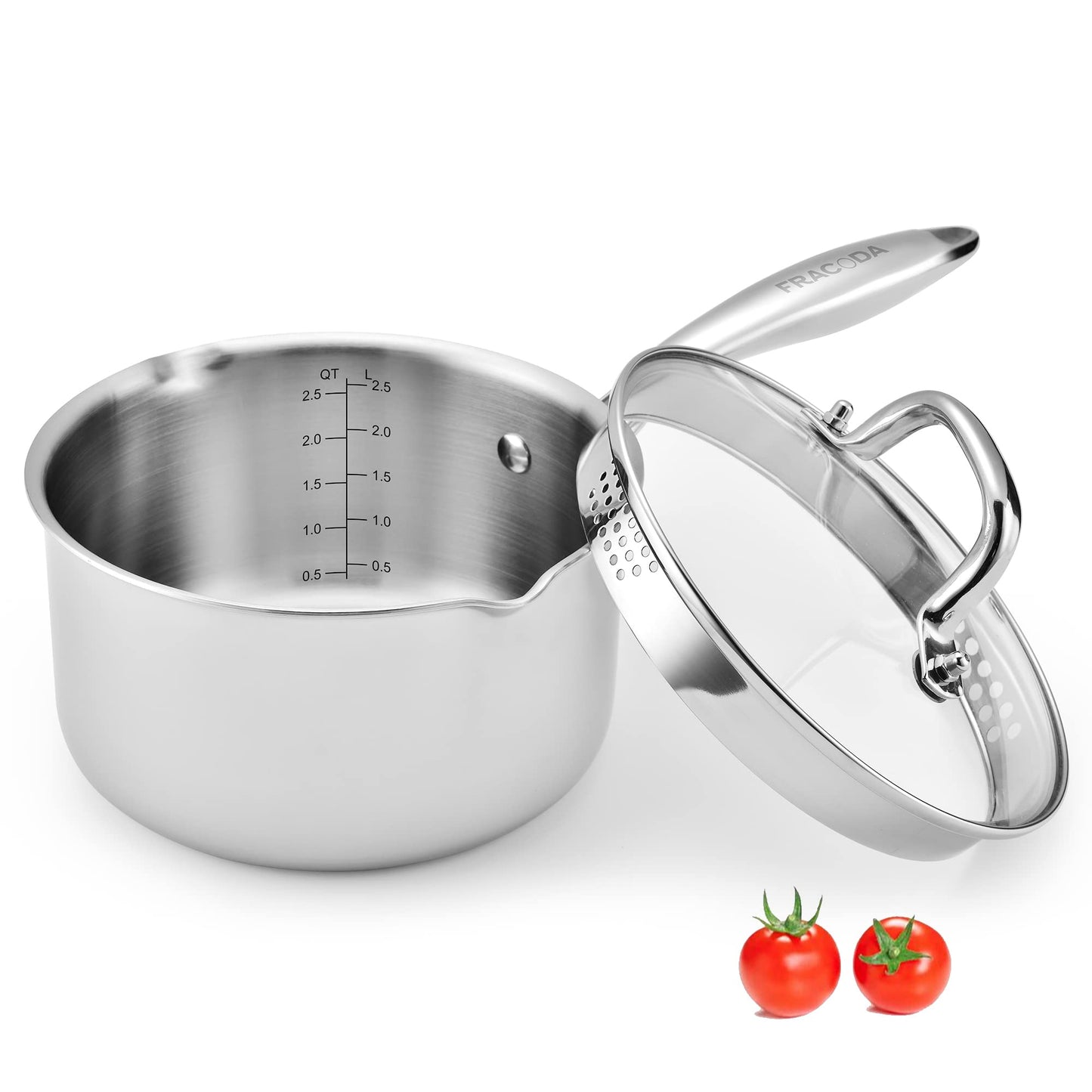 Fracoda 3.5 Quart Stainless Steel Pot Saucepan with Glass Strainer Lid, Sauce Pot with Two Side Spouts, Induction Cooking Pot, Multipurpose Sauce Pan with Lid for Cooking(Tri-Ply Full Body)
