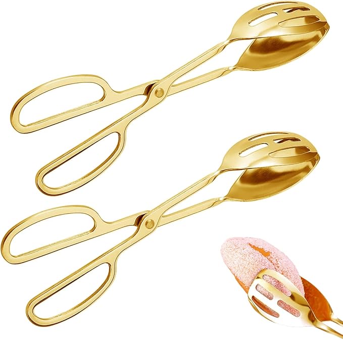 IAXSEE 2 Pieces Buffet Salad Tongs for Kitchen Serving and Cooking, Stainless Steel Food Scissor Tongs, Catering Utensil for Bread Cake Bake Steak Barbecue (Black)