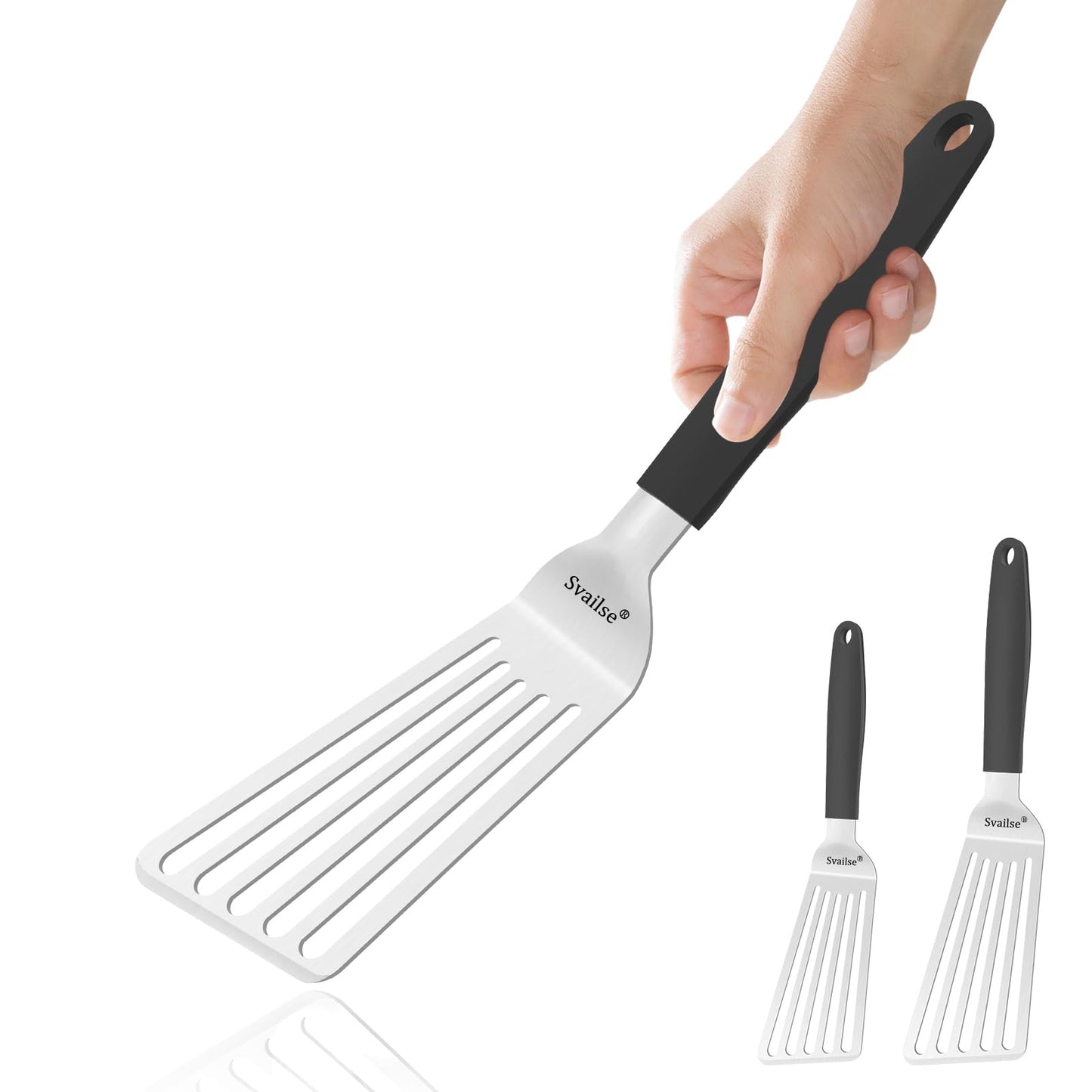 Svailse Stainless Steel Fish Spatula, 11.3 inch Metal Spatulas for Cast Iron Skillet, Kitchen Turner with Silicone Handle for Cooking, Grilling, Flipping, Egg, Cookie, Pancake and Burger (Small)